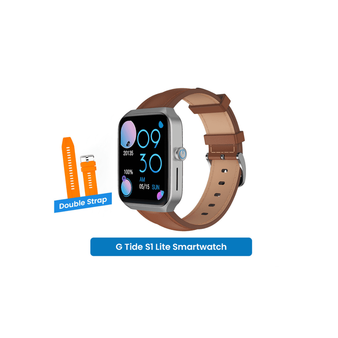 G-Tide S1 Lite Calling Smart Watch with SpO2 - Gray with Leather Brown ( Free Orange Strap)